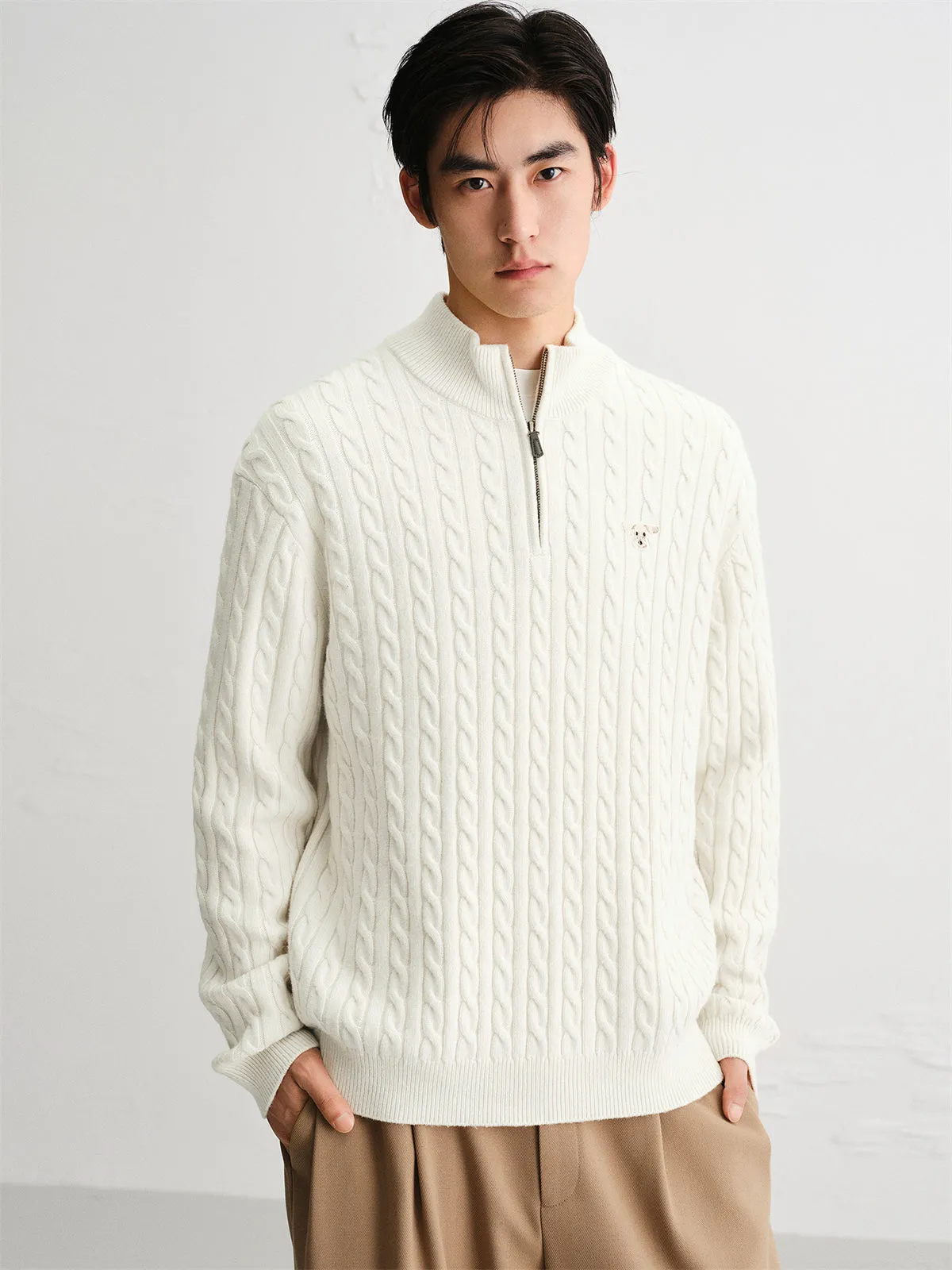 Men's Beige Wool-Blend Cable Knit Sweater sold by PEACEBIRD product image thumbnail 3