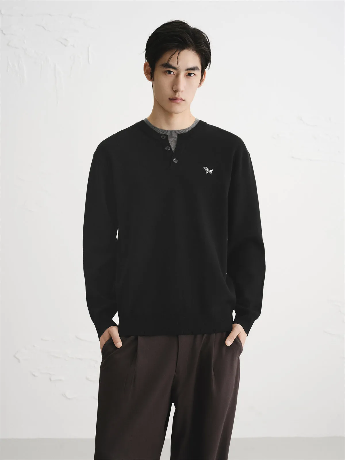 Men's Contrast-Panel Henley Knit Sweater sold by PEACEBIRD product image thumbnail 2
