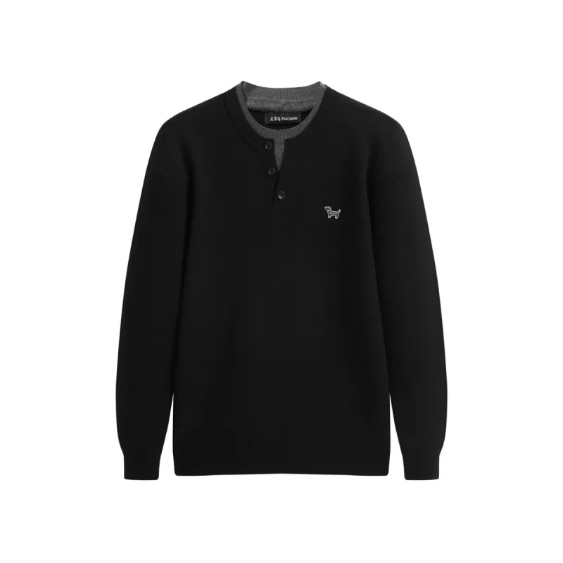 Men's Contrast-Panel Henley Knit Sweater sold by PEACEBIRD