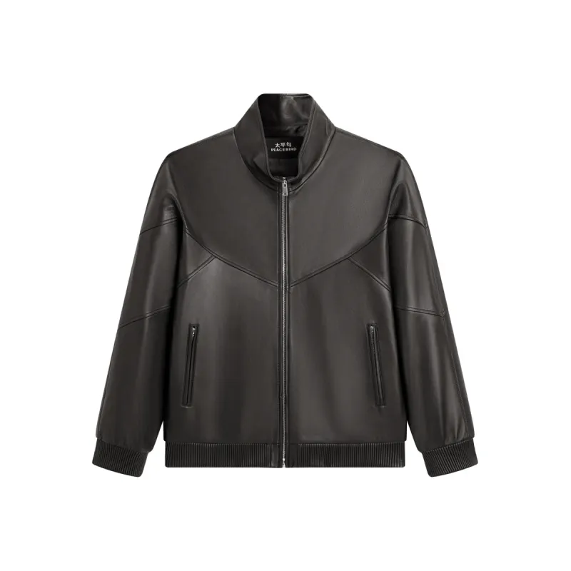 Men's Brown Stand-Collar Leather Jacket sold by PEACEBIRD