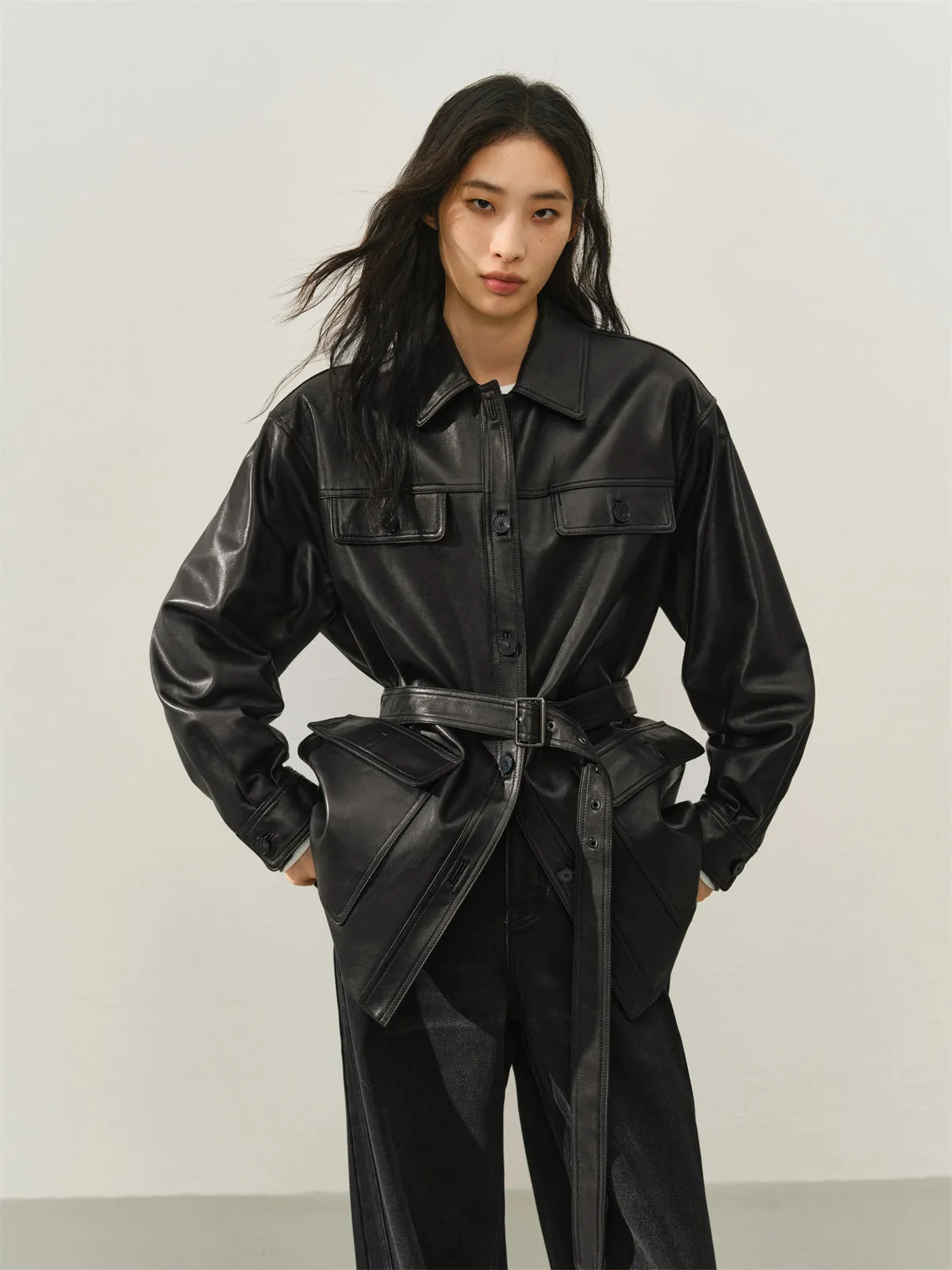 Women's Textured Oversized Leather Jacket sold by PEACEBIRD product image thumbnail 2