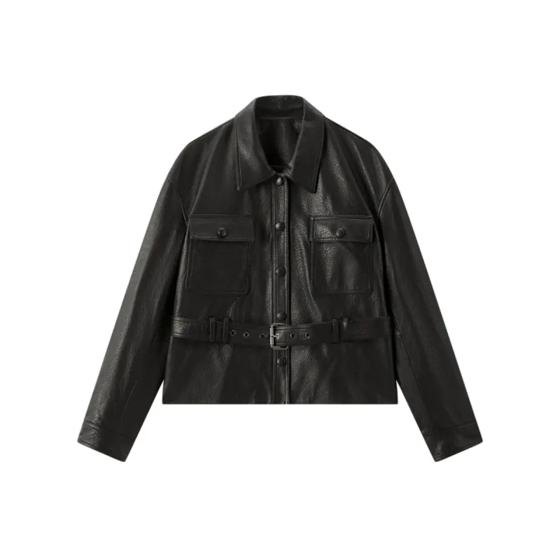 Women's Cropped Belted Leather Jacket sold by PEACEBIRD