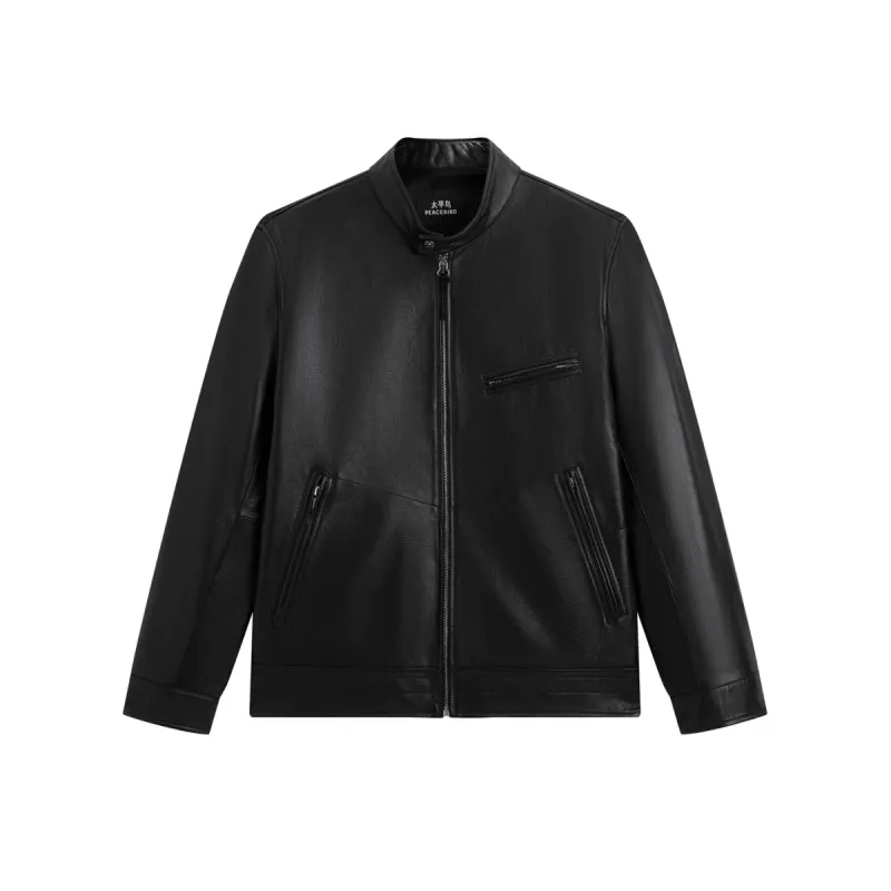 Men's Stand-Collar Moto Leather Jacket sold by PEACEBIRD