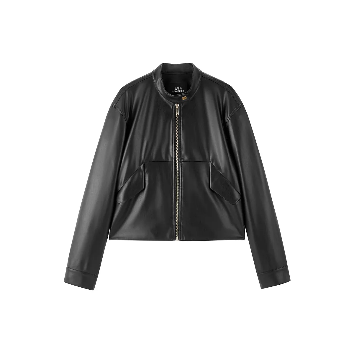 Women's Cropped Stand-Collar Moto PU Jacket sold by PEACEBIRD
