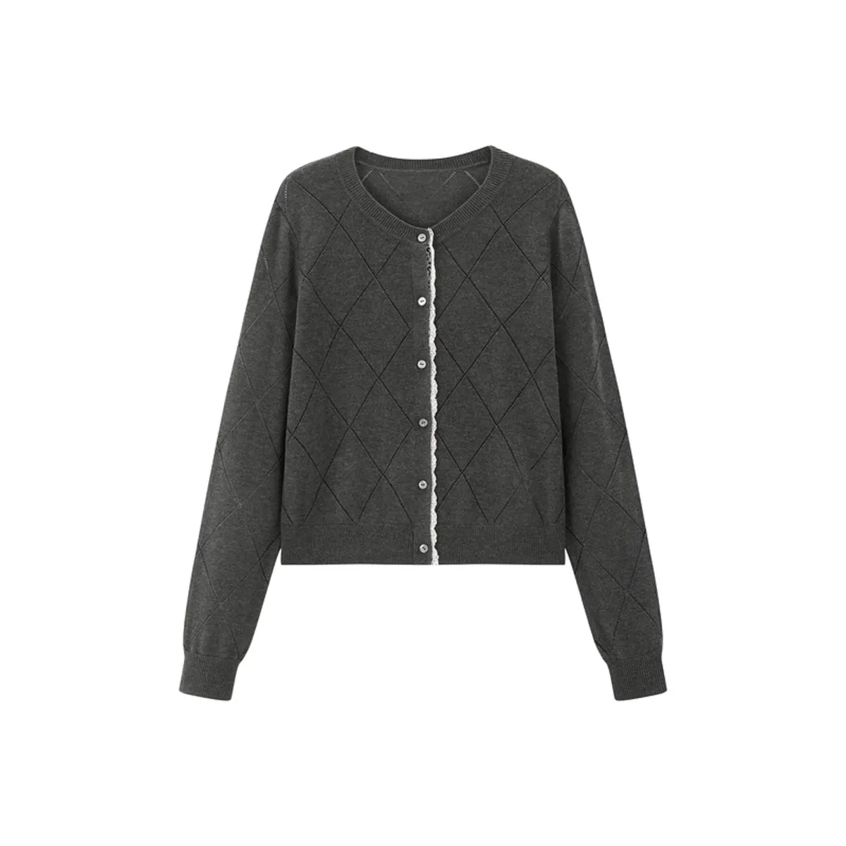 Women's Diamond Knit Cardigan with Lace Trim sold by PEACEBIRD