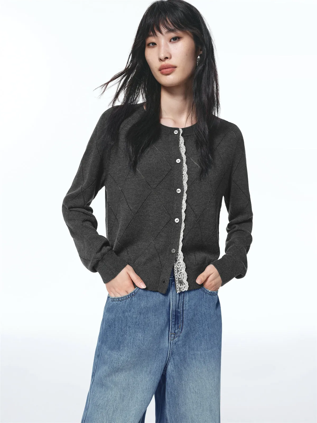 Women's Diamond Knit Cardigan with Lace Trim sold by PEACEBIRD product image thumbnail 2