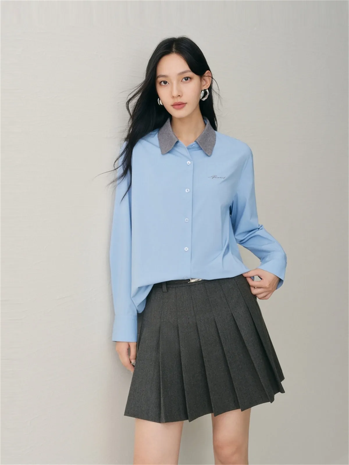 Women's Oversized Shirt with Contrast Collar sold by PEACEBIRD product image thumbnail 2