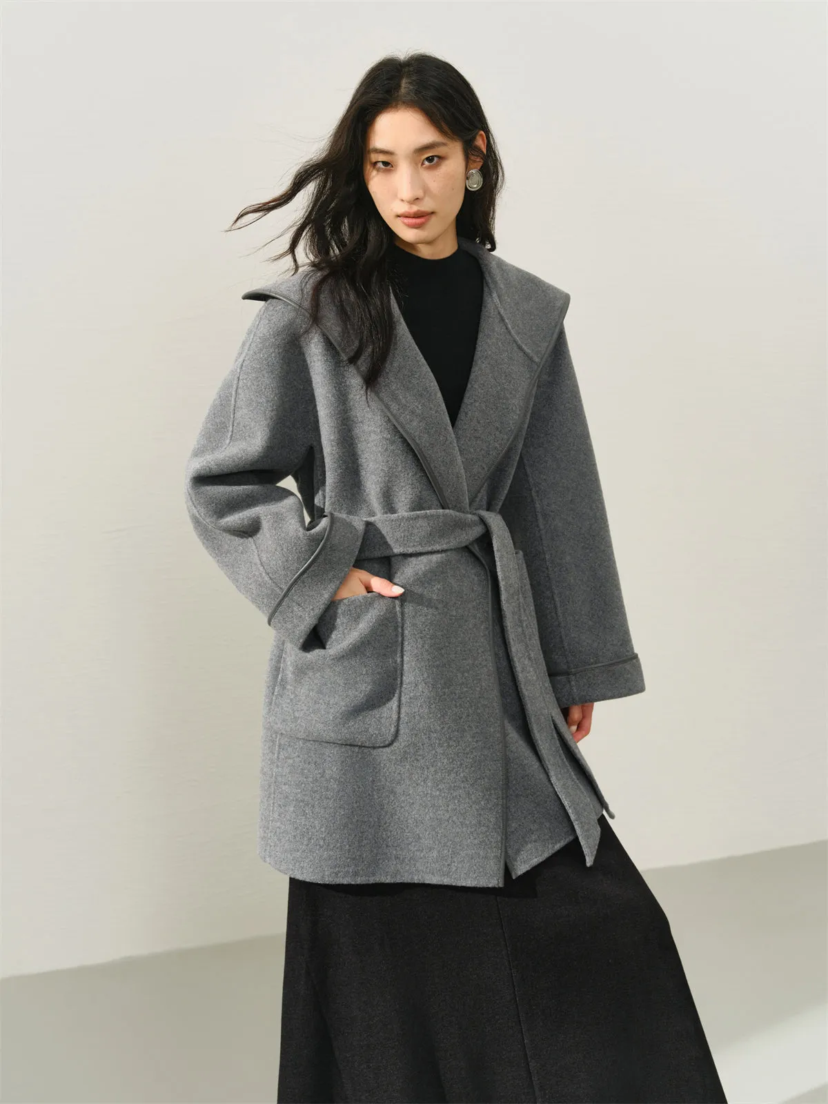 Women's Belted Robe-Style Double-Face Wool Coat sold by PEACEBIRD product image thumbnail 2