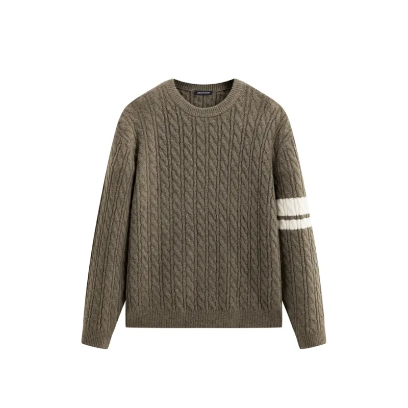 Men's Brown Cable-Knit Contrast-Stripe Sweater sold by PEACEBIRD
