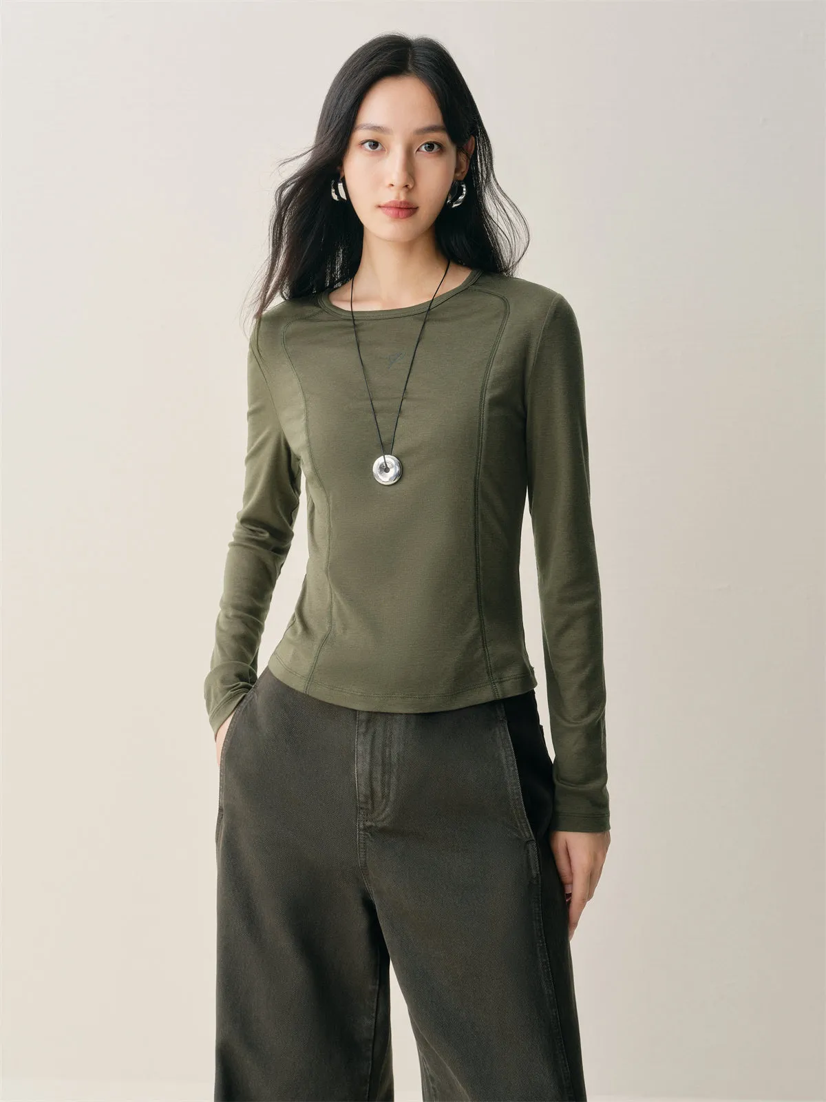 Women's Short Tonal Panel Tencel Long-Sleeve T-Shirt sold by PEACEBIRD product image thumbnail 2