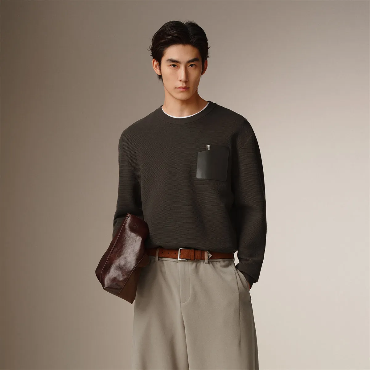 Men's Solid Knit Sweater with PU Pocket sold by PEACEBIRD product image thumbnail 2