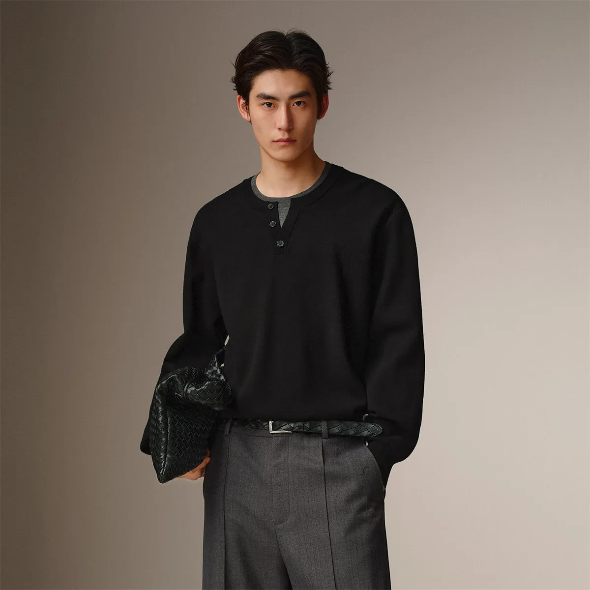 Men's Layered-Look Henley Knit Sweater sold by PEACEBIRD product image thumbnail 2
