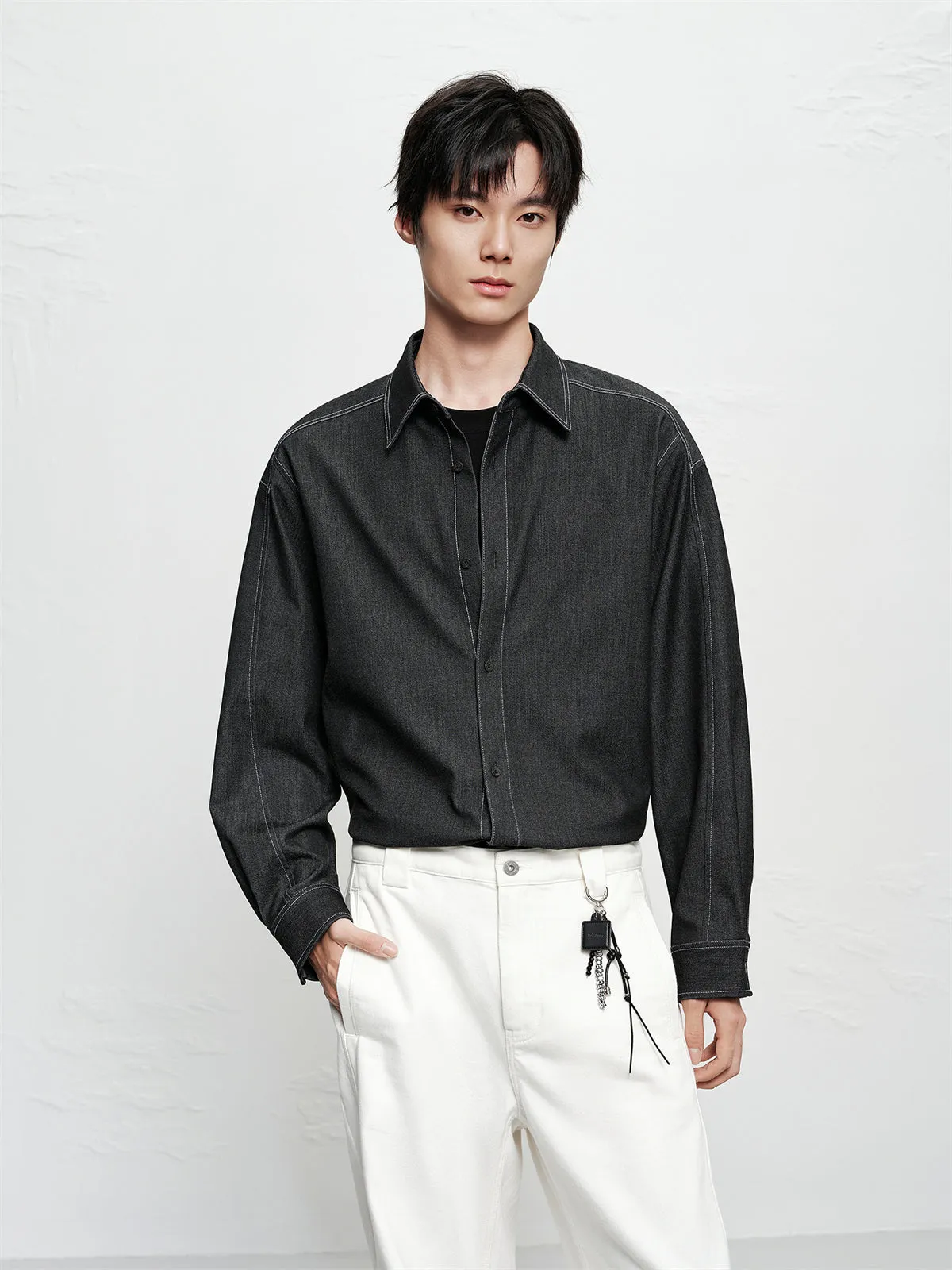 Men's Relaxed Contrast-Stitch Shirt sold by PEACEBIRD product image thumbnail 2