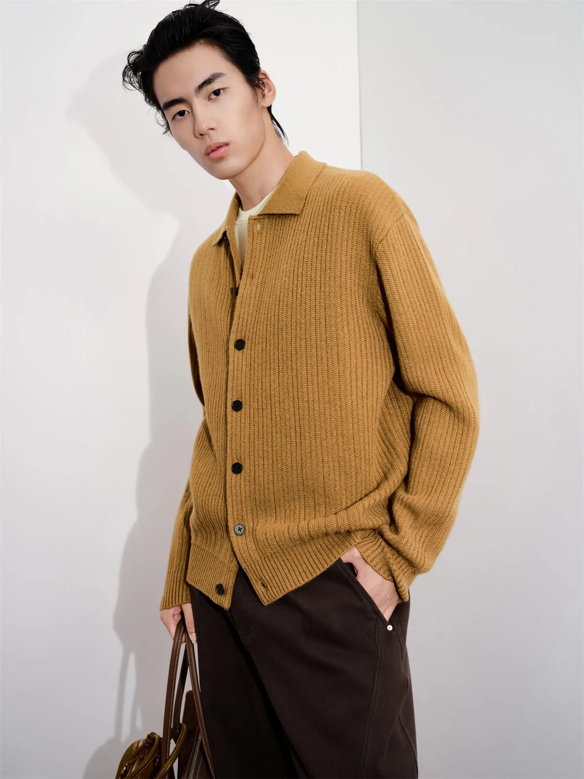 Men's Brown Textured Wool Knit Cardigan sold by PEACEBIRD product image thumbnail 2