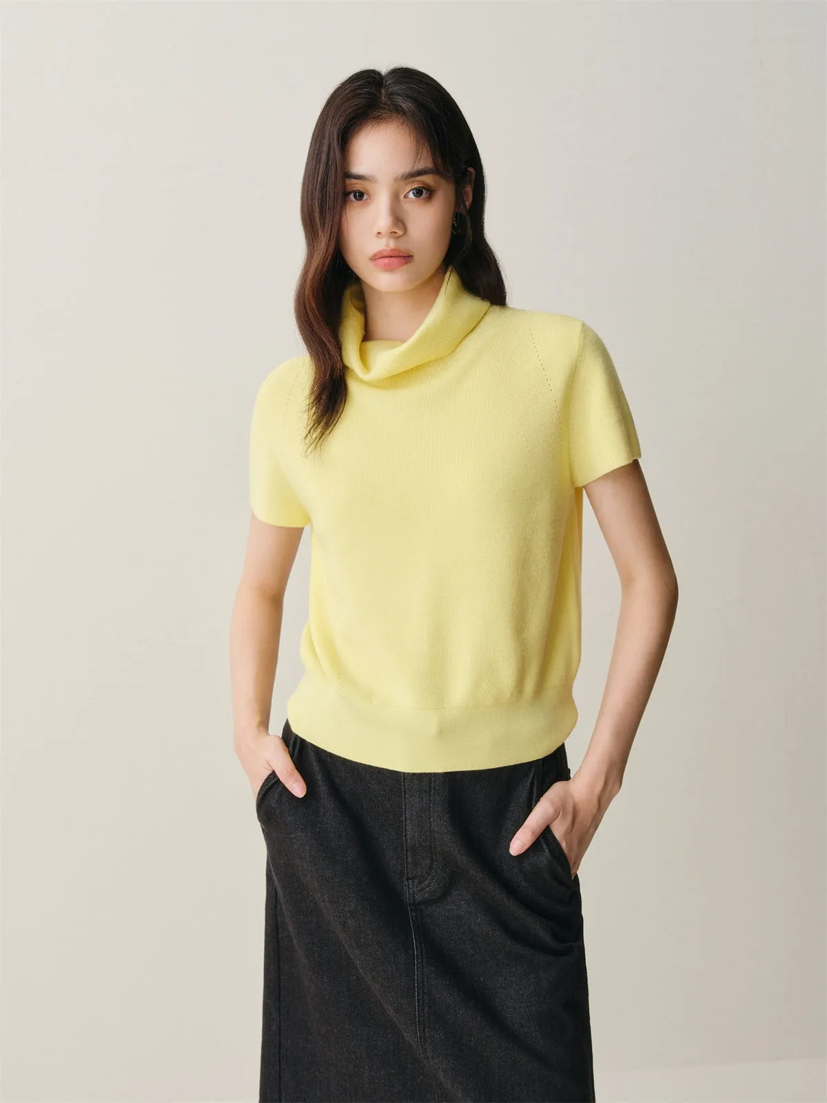 Women's Wool-Blend Drape-Neck Short-Sleeve Knit Top sold by PEACEBIRD product image thumbnail 4