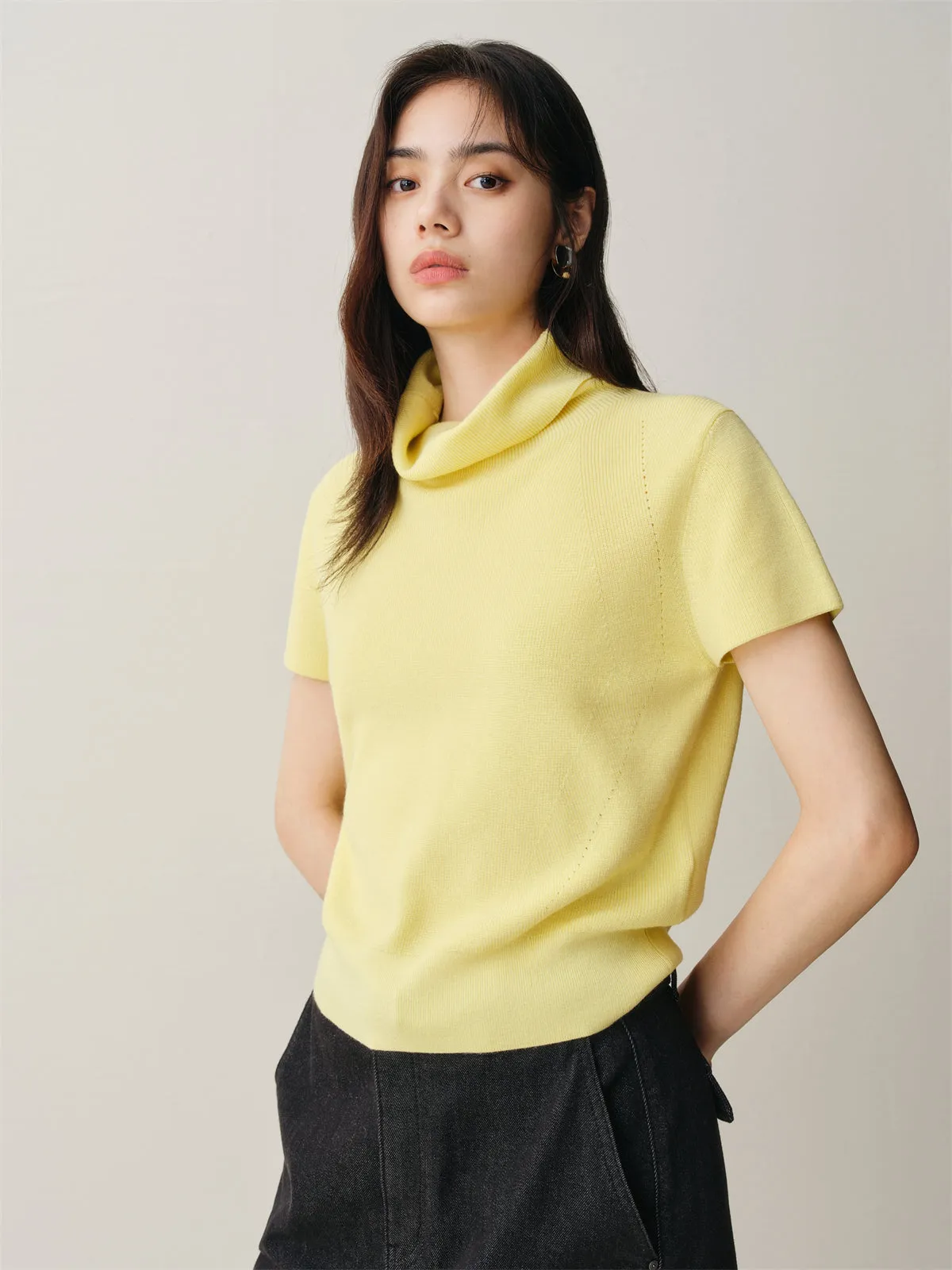 Women's Wool-Blend Drape-Neck Short-Sleeve Knit Top sold by PEACEBIRD product image thumbnail 3