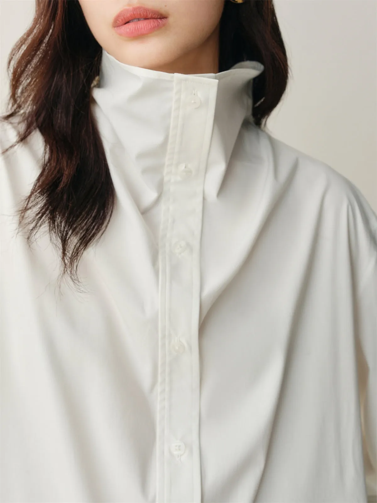 Women's Brushed Oversized Stand-Collar Shirt sold by PEACEBIRD product image thumbnail 4