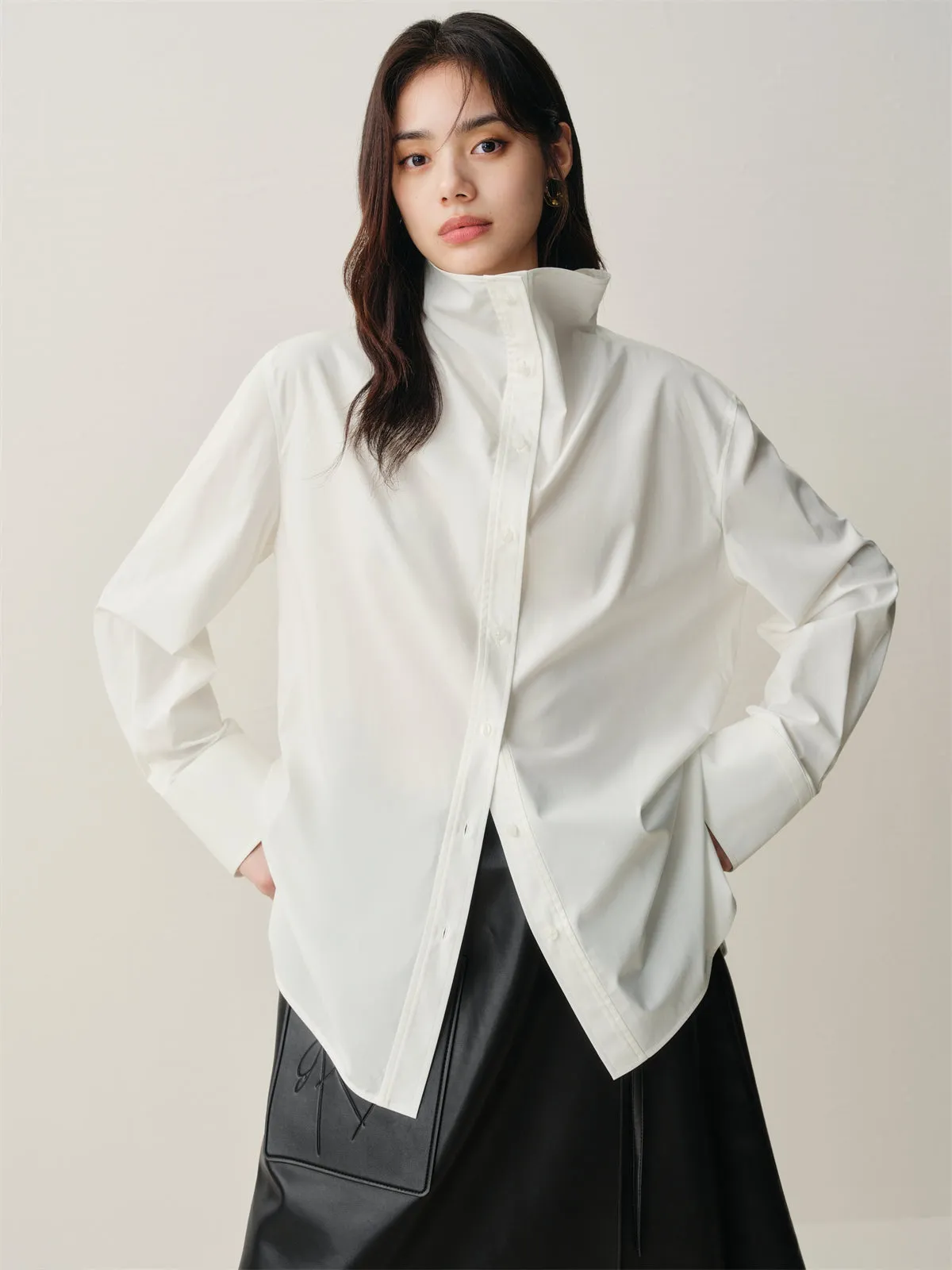 Women's Brushed Oversized Stand-Collar Shirt sold by PEACEBIRD product image thumbnail 2