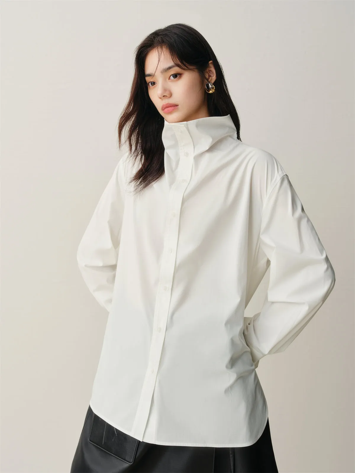 Women's Brushed Oversized Stand-Collar Shirt sold by PEACEBIRD product image thumbnail 3