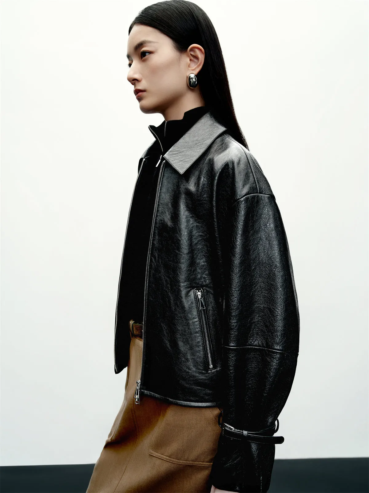 Women's Textured Moto Leather Jacket sold by PEACEBIRD product image thumbnail 2