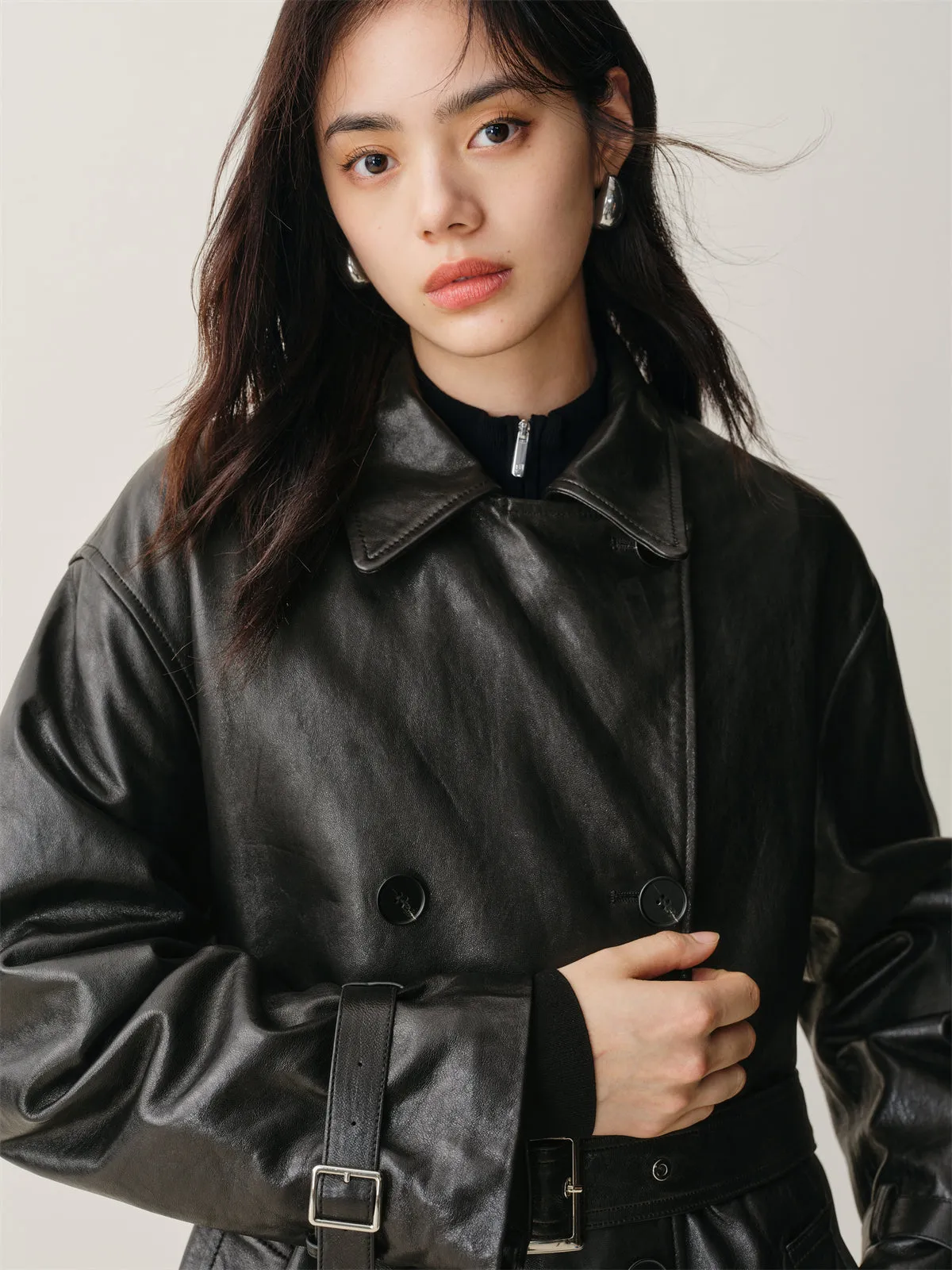 Women's Long Double-Breasted Leather Trench Coat sold by PEACEBIRD product image thumbnail 4