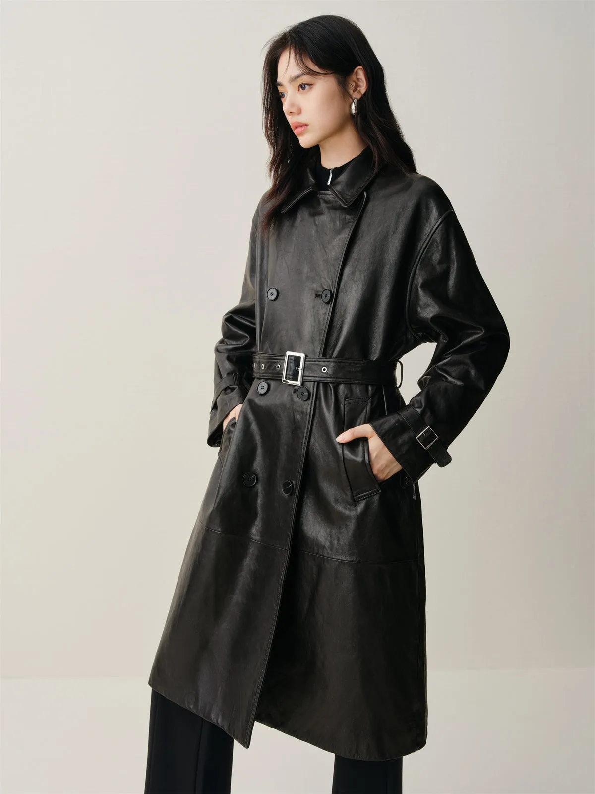 Women's Long Double-Breasted Leather Trench Coat sold by PEACEBIRD product image thumbnail 3