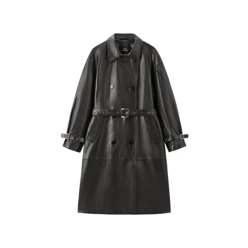 Women's Long Double-Breasted Leather Trench Coat sold by PEACEBIRD