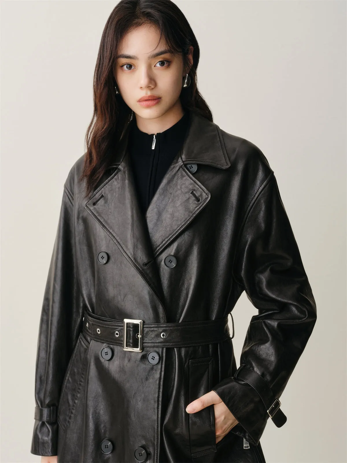 Women's Long Double-Breasted Leather Trench Coat sold by PEACEBIRD product image thumbnail 5