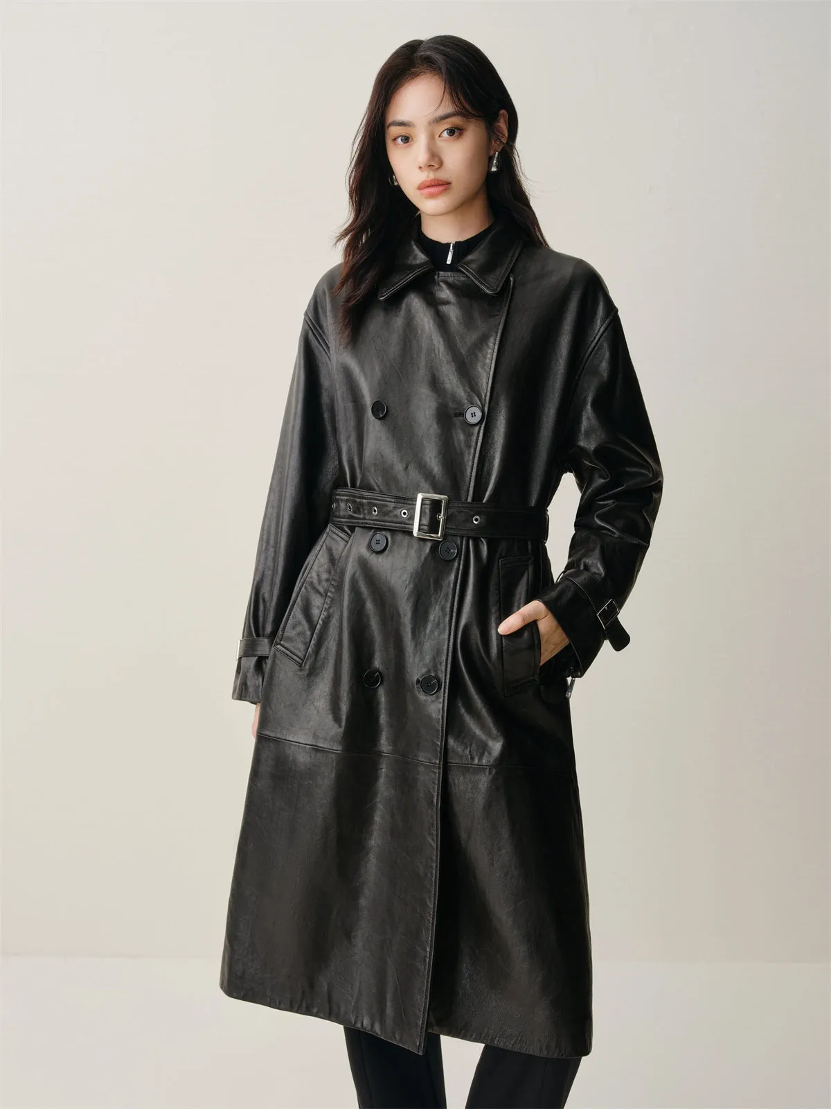 Women's Long Double-Breasted Leather Trench Coat sold by PEACEBIRD product image thumbnail 2