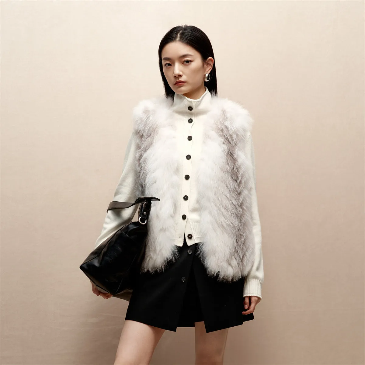 Women's Short V-Neck Fox Fur Vest sold by PEACEBIRD product image thumbnail 2