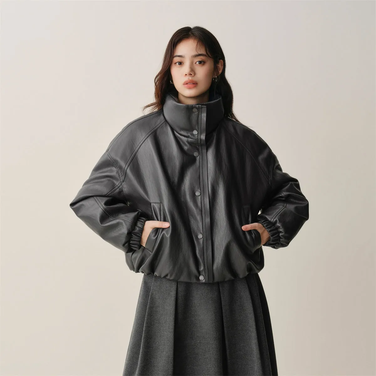 Women's Short PU Down Jacket with Ruched Hem sold by PEACEBIRD product image thumbnail 2