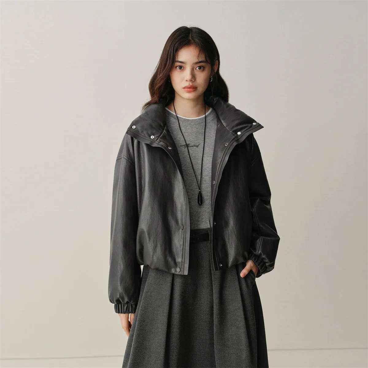 Women's Short PU Down Jacket with Ruched Hem sold by PEACEBIRD product image thumbnail 3