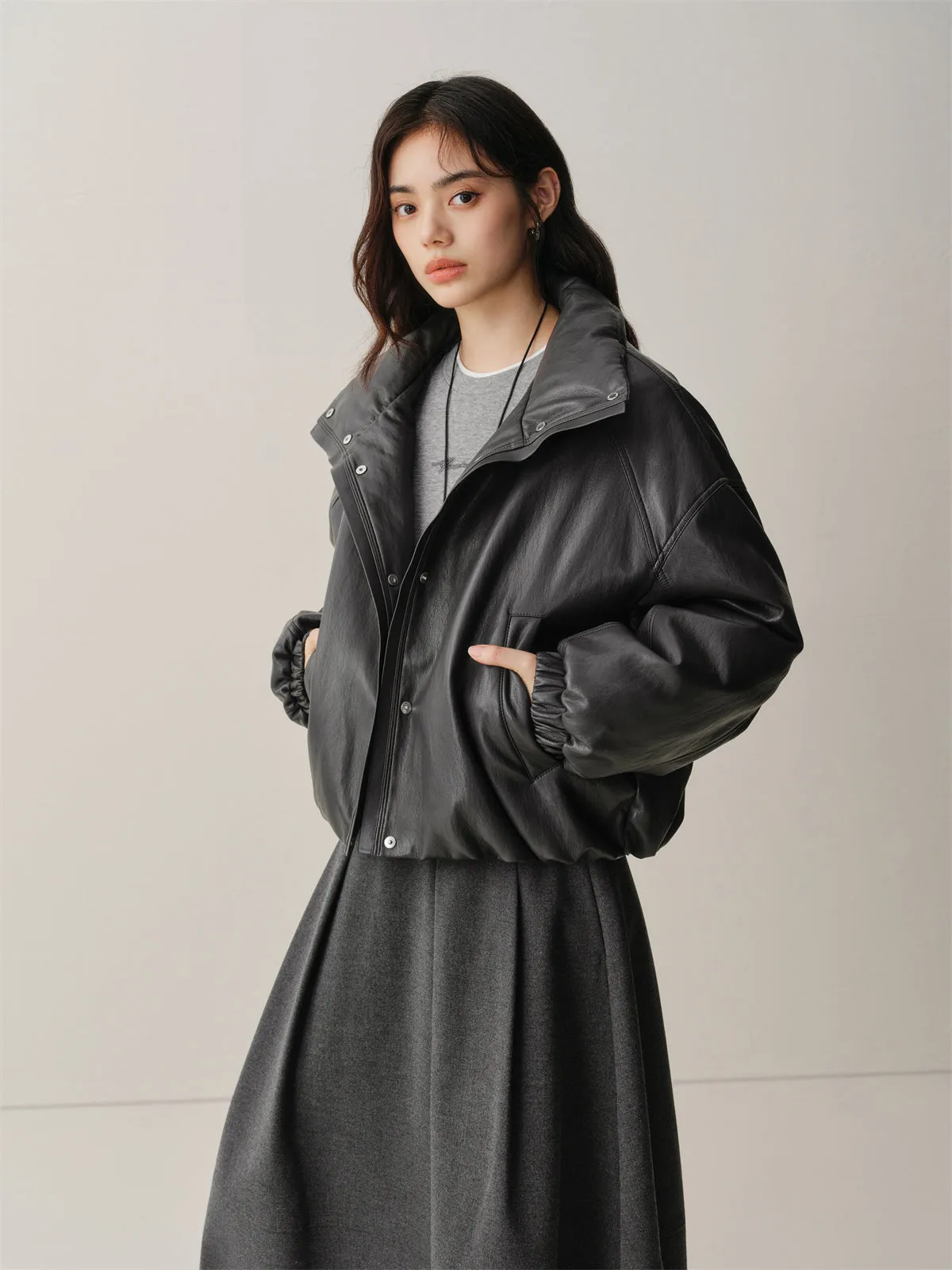 Women's Short PU Down Jacket with Ruched Hem sold by PEACEBIRD product image thumbnail 4