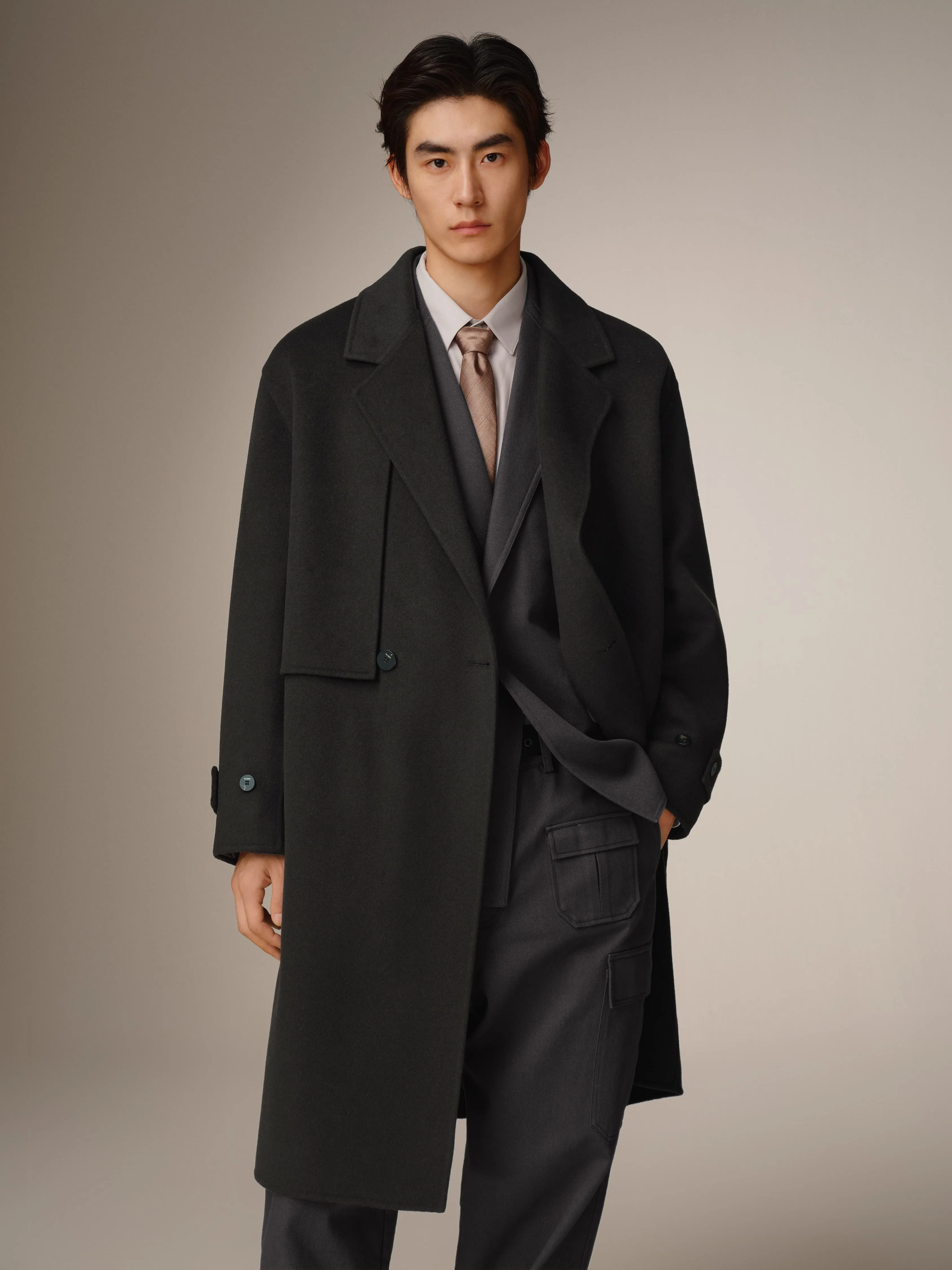 Men's Trench-Style Double-Face Wool Coat sold by PEACEBIRD product image thumbnail 3