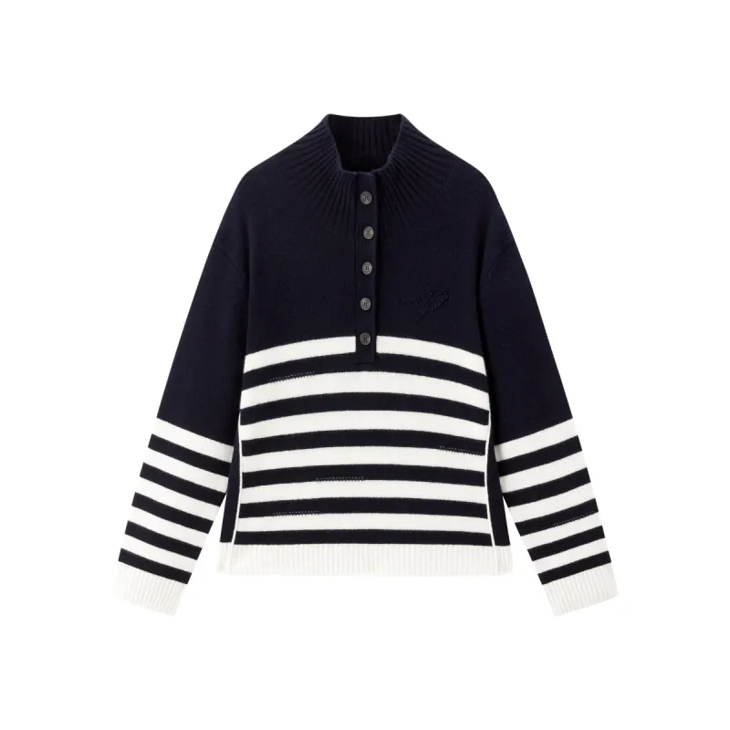 Women's Pure Wool Mock-Neck Striped Sweater made by PEACEBIRD