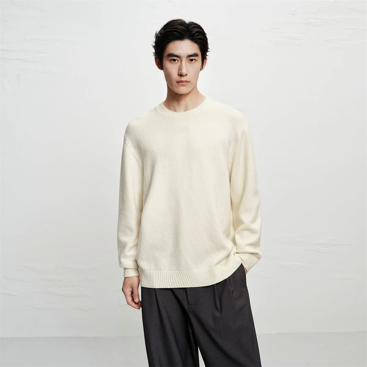 Men's Beige Brushed Sweater with Embroidery sold by PEACEBIRD product image thumbnail 2