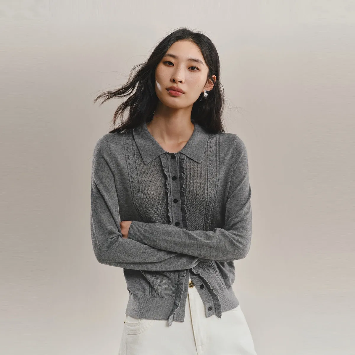 Women's Ruffled Cable-Knit Cardigan sold by PEACEBIRD product image thumbnail 4