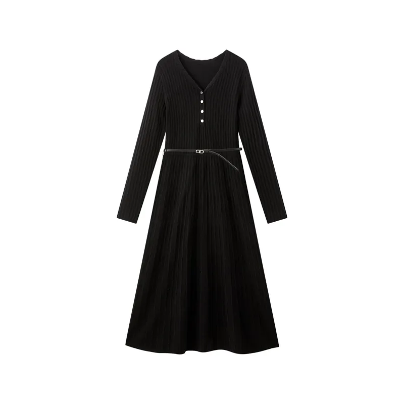 Women's Black Mid-Length Knit Dress with Belt sold by PEACEBIRD