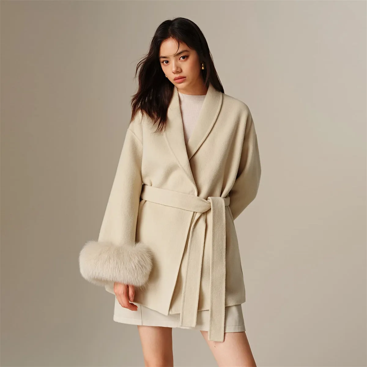 Women's Wool Coat with Detachable Fox Fur Cuffs sold by PEACEBIRD product image thumbnail 2