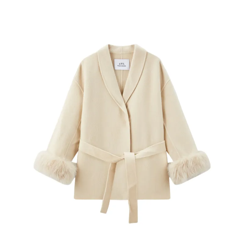 Women's Wool Coat with Detachable Fox Fur Cuffs sold by PEACEBIRD