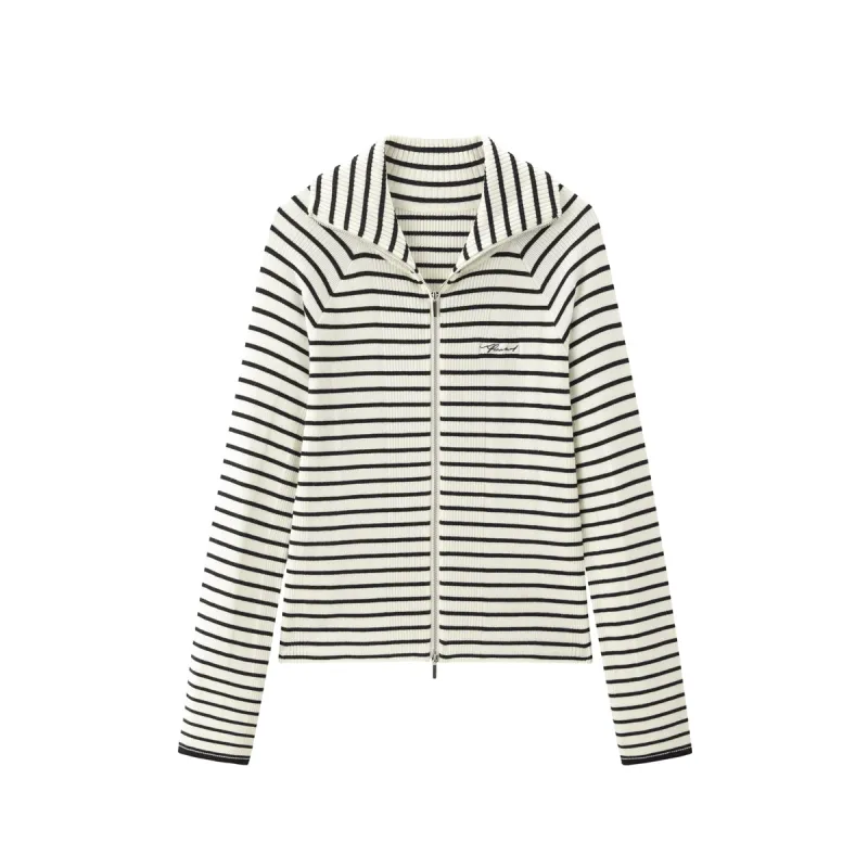 Women's Wool-Blend Striped Wide-Lapel Knit Sweater sold by PEACEBIRD