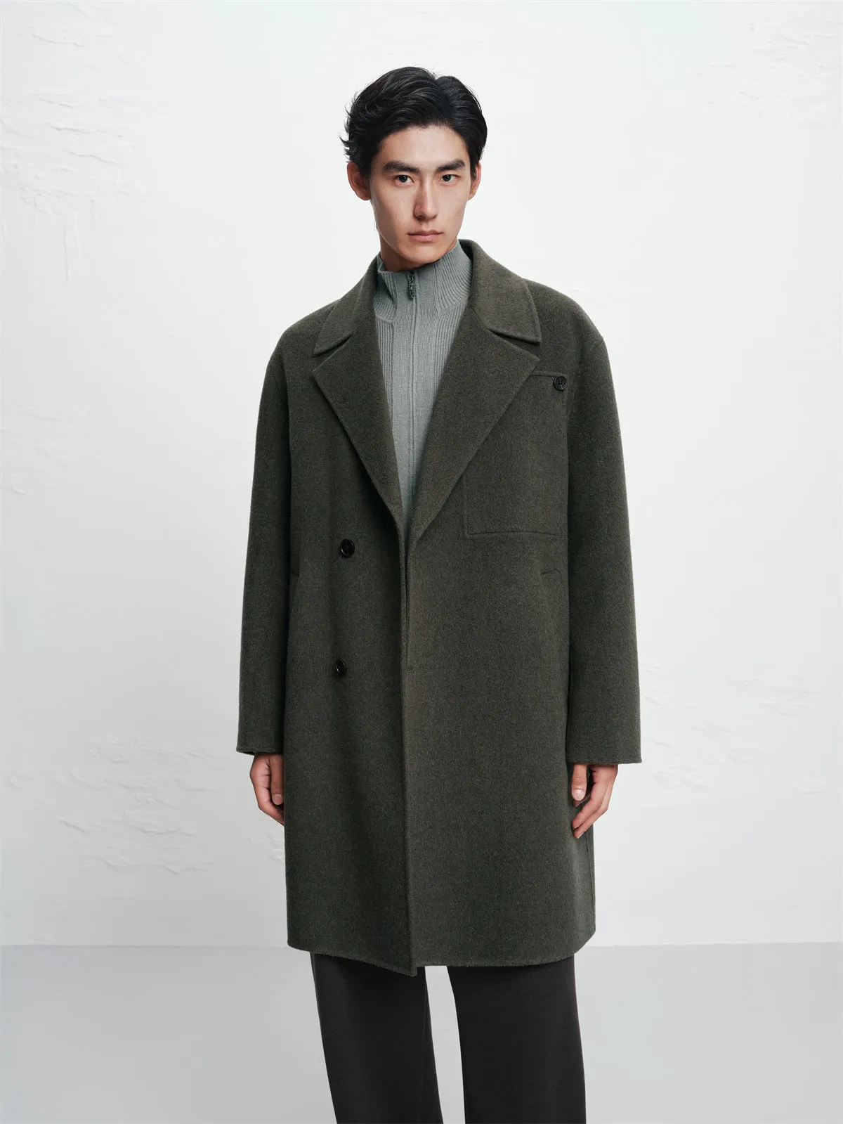 Men's Olive Double-Face Wool Coat sold by PEACEBIRD product image thumbnail 2