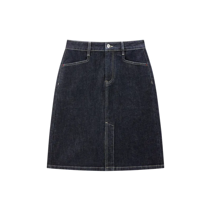 Women's Dark Blue Denim Midi Skirt sold by PEACEBIRD