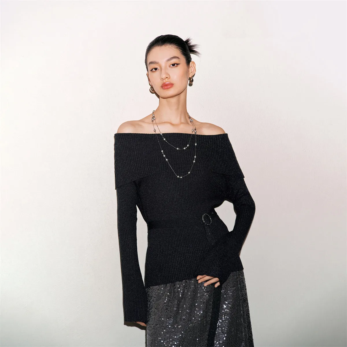 Women's Metallic Off-Shoulder Knit Top with Belt sold by PEACEBIRD product image thumbnail 2