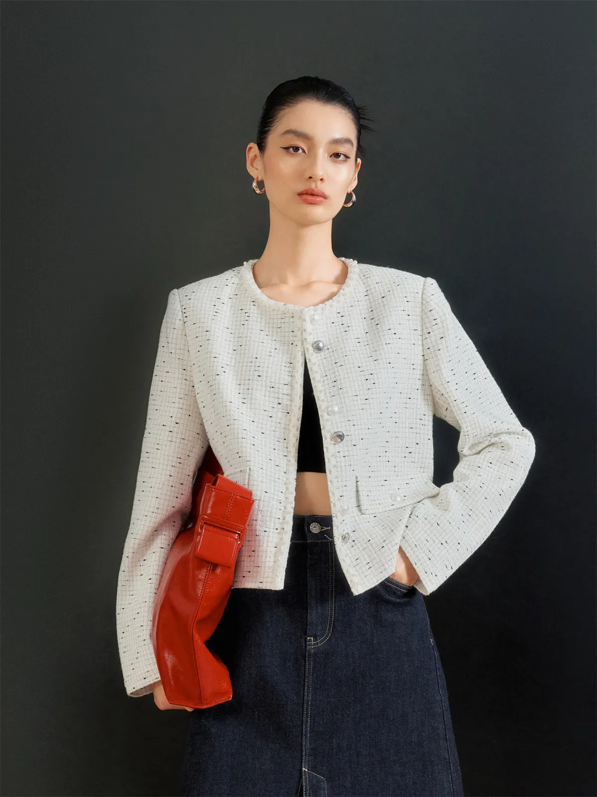 Women's Short Tweed Knit Jacket sold by PEACEBIRD product image thumbnail 2