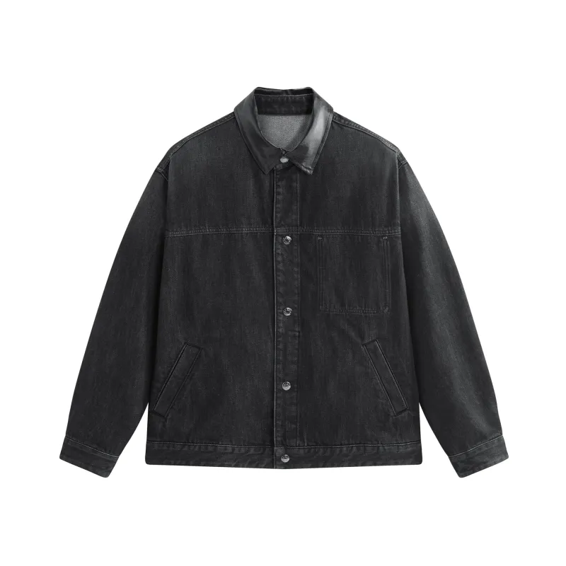 Men's Gradient-Washed Denim Jacket with PU Collar sold by PEACEBIRD