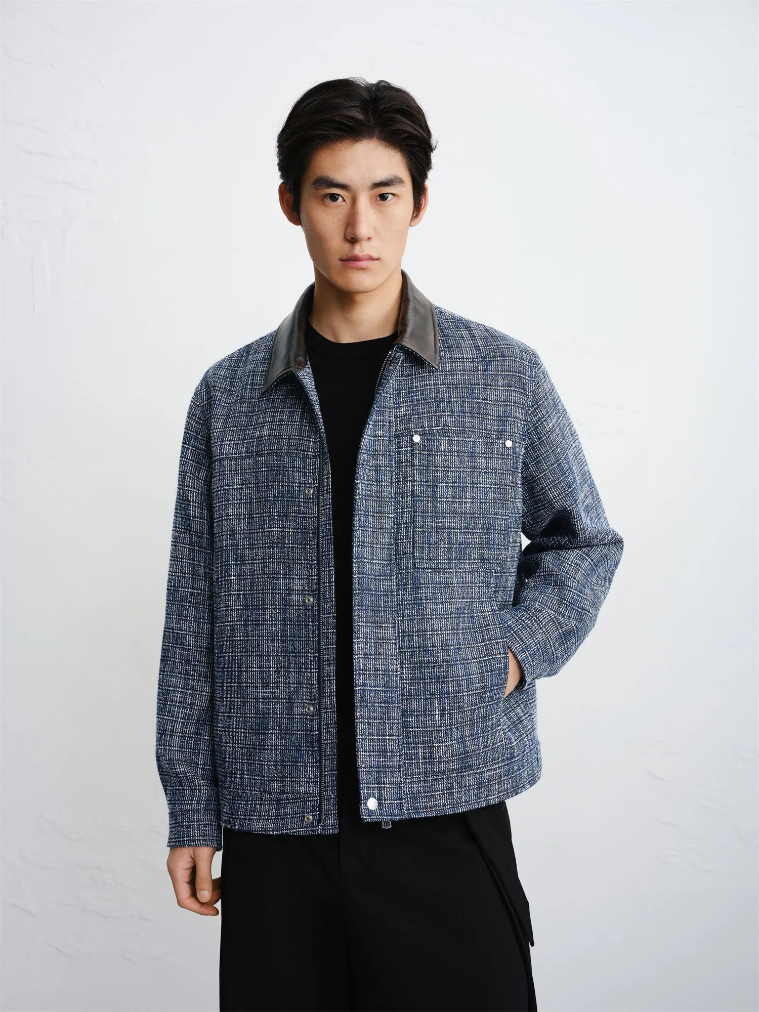 Men's Textured Tweed-Style Jacket with PU Collar sold by PEACEBIRD product image thumbnail 2