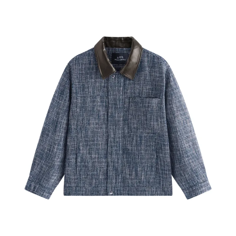 Men's Textured Tweed-Style Jacket with PU Collar made by PEACEBIRD