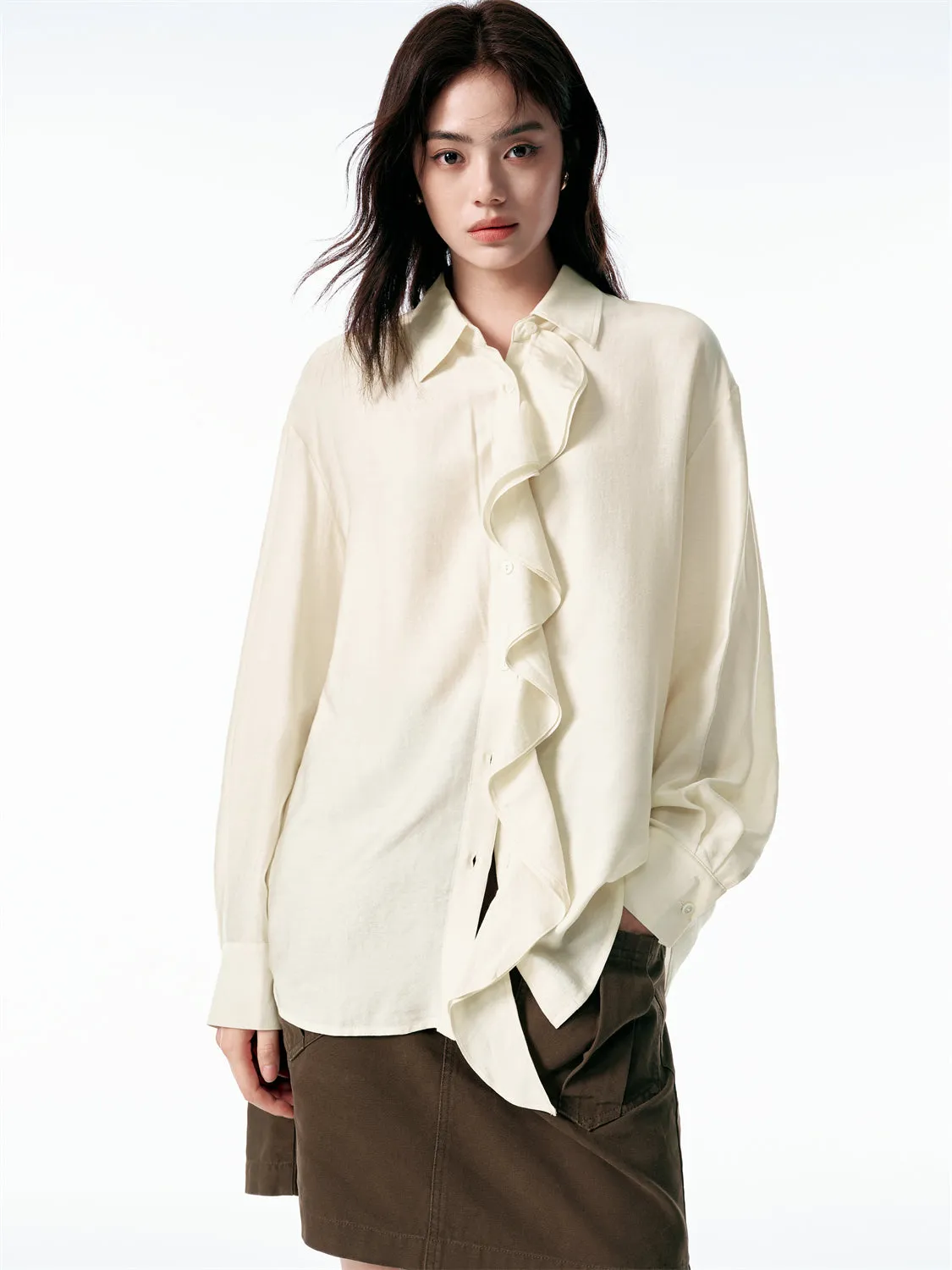Women's Shirt with Detachable Ruffle Trim sold by PEACEBIRD product image thumbnail 2