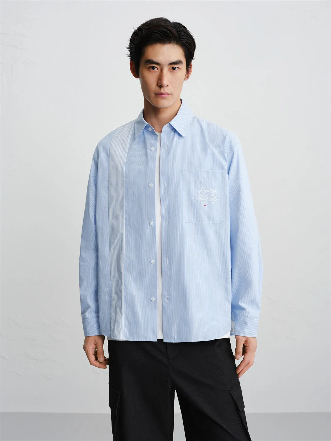 Men's Striped Shirt with Pocket Embroidery sold by PEACEBIRD product image thumbnail 2